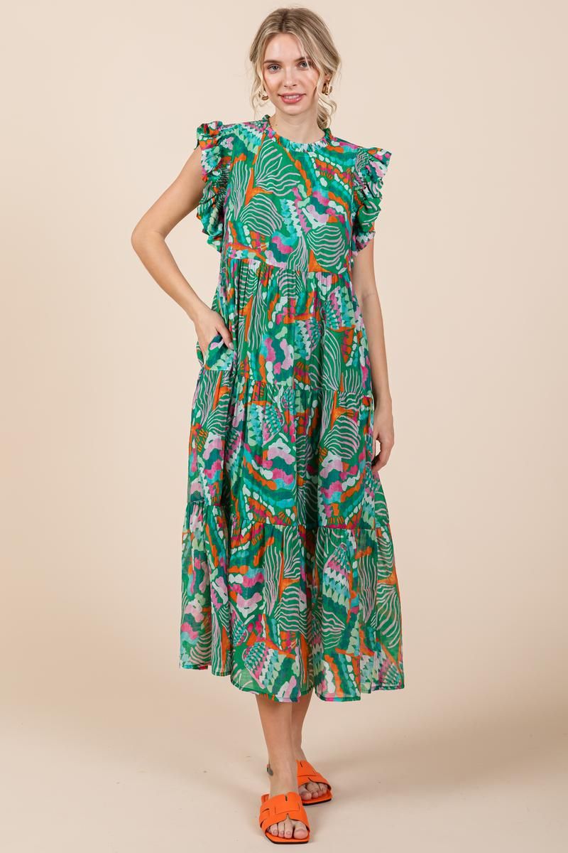 Printed Chiffon Midi Dress (Green)