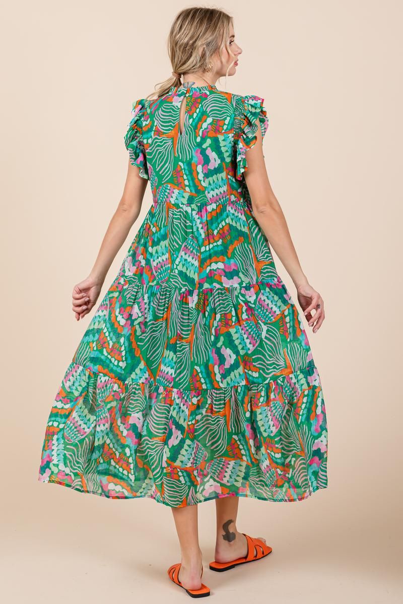 Printed Chiffon Midi Dress (Green)