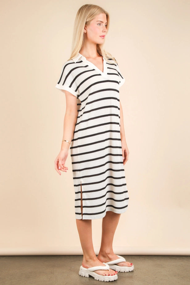 Oversized Collared Striped Knit Midi Dress