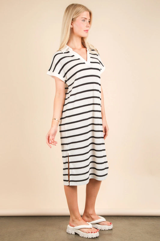 Oversized Collared Striped Knit Midi Dress