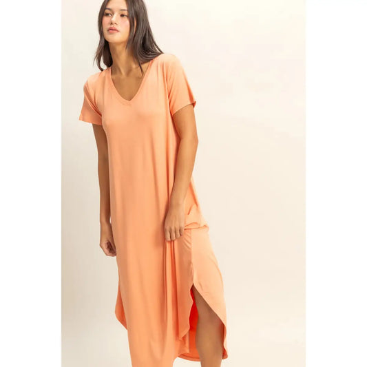 V-Neck Short Sleeve Midi Dress ( Peach)