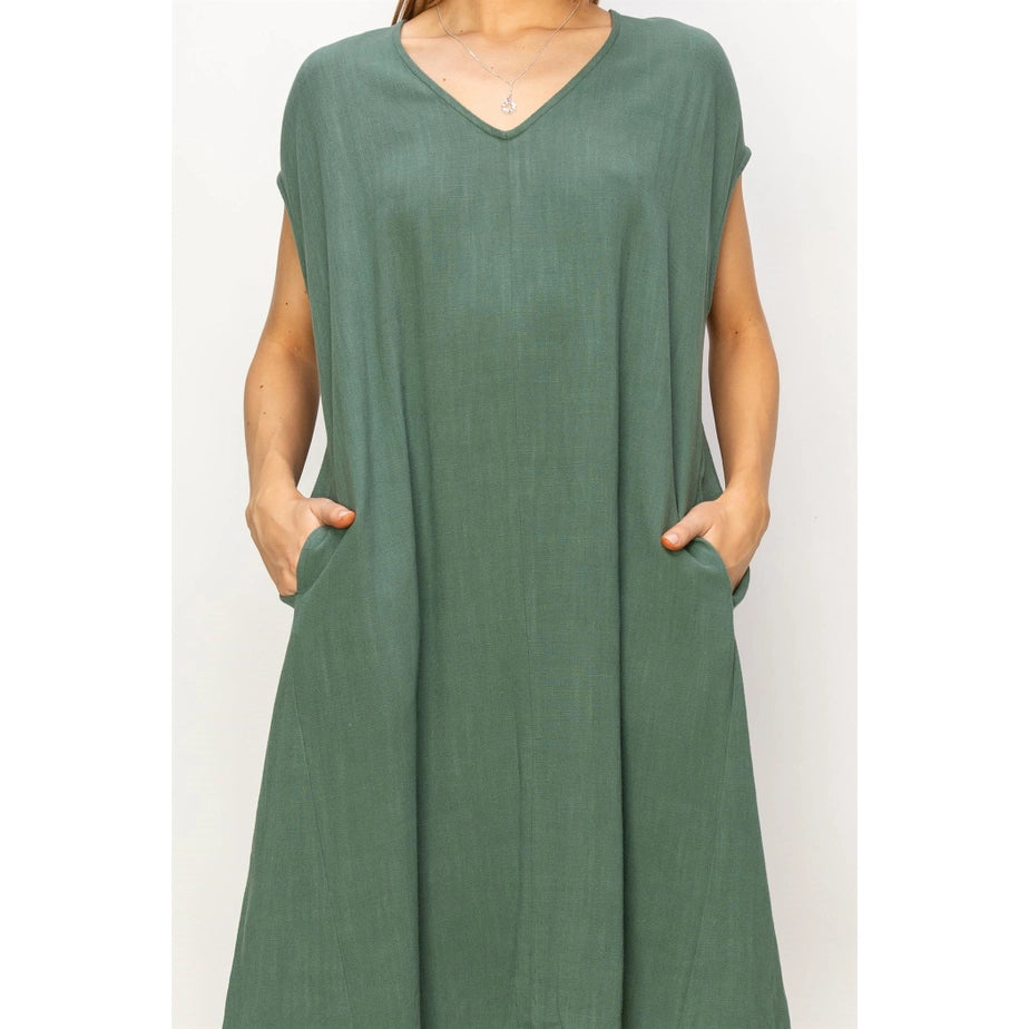 V Neck Linen Midi Dress