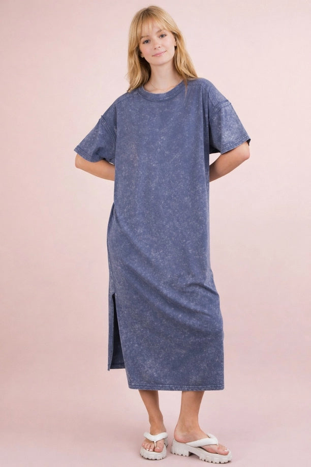 Mineral Washed Casual Comfy Midi Dress