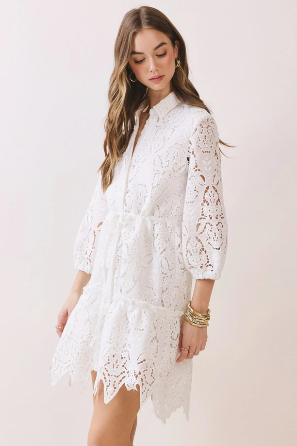 Floral Lace Tie Waist Button Down Mini Dress