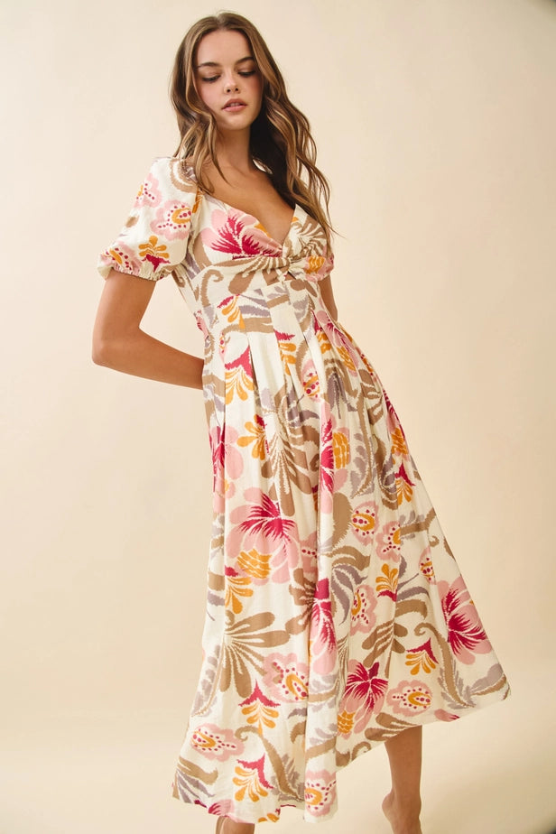 Floral Print Twisted Sweetheart Neckline Dress