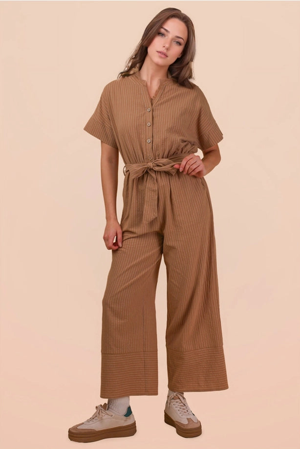 Half Button Down Stripe Linen Woven Jumpsuit