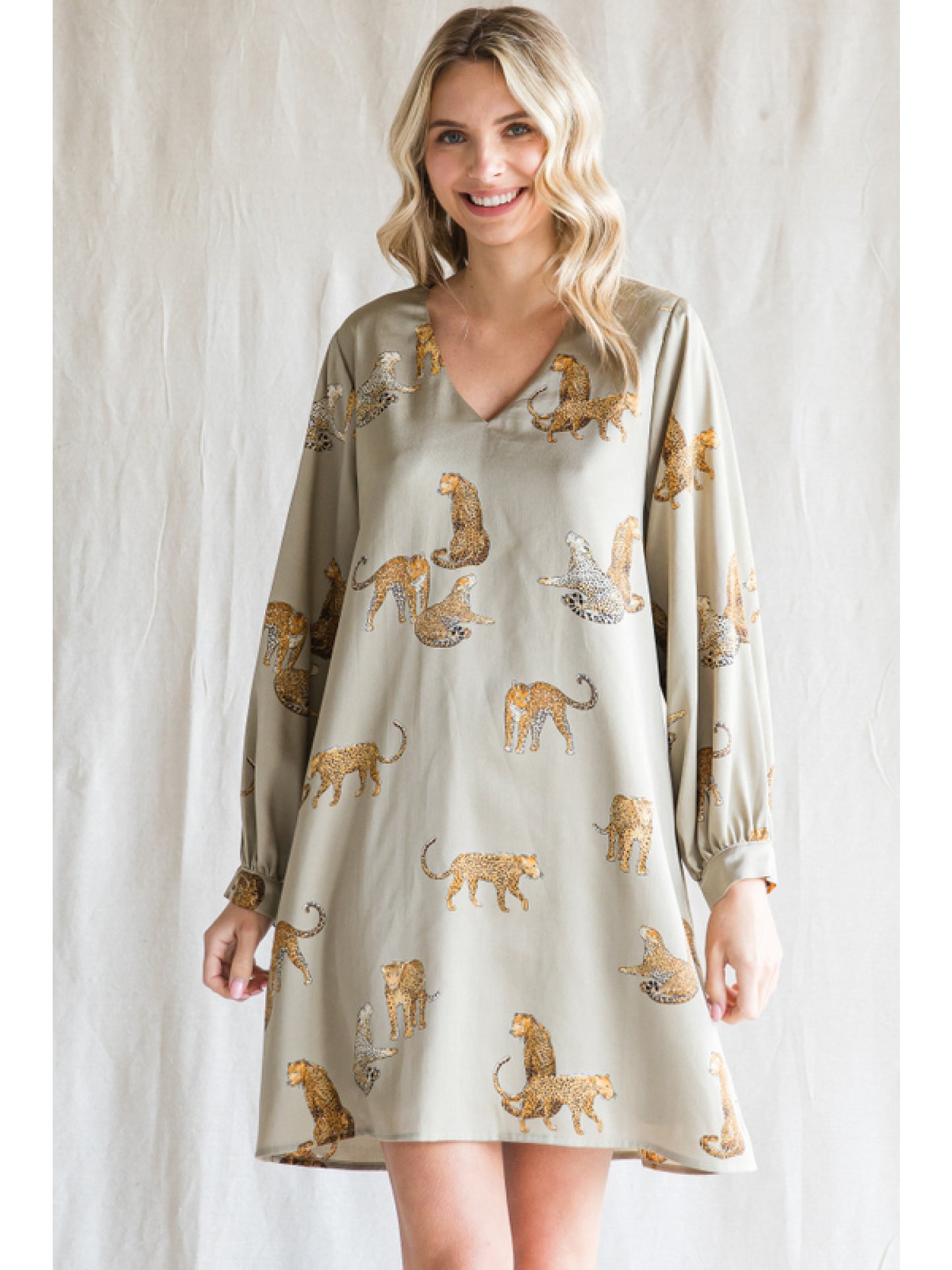 Sage Satin Tiger Print Dress