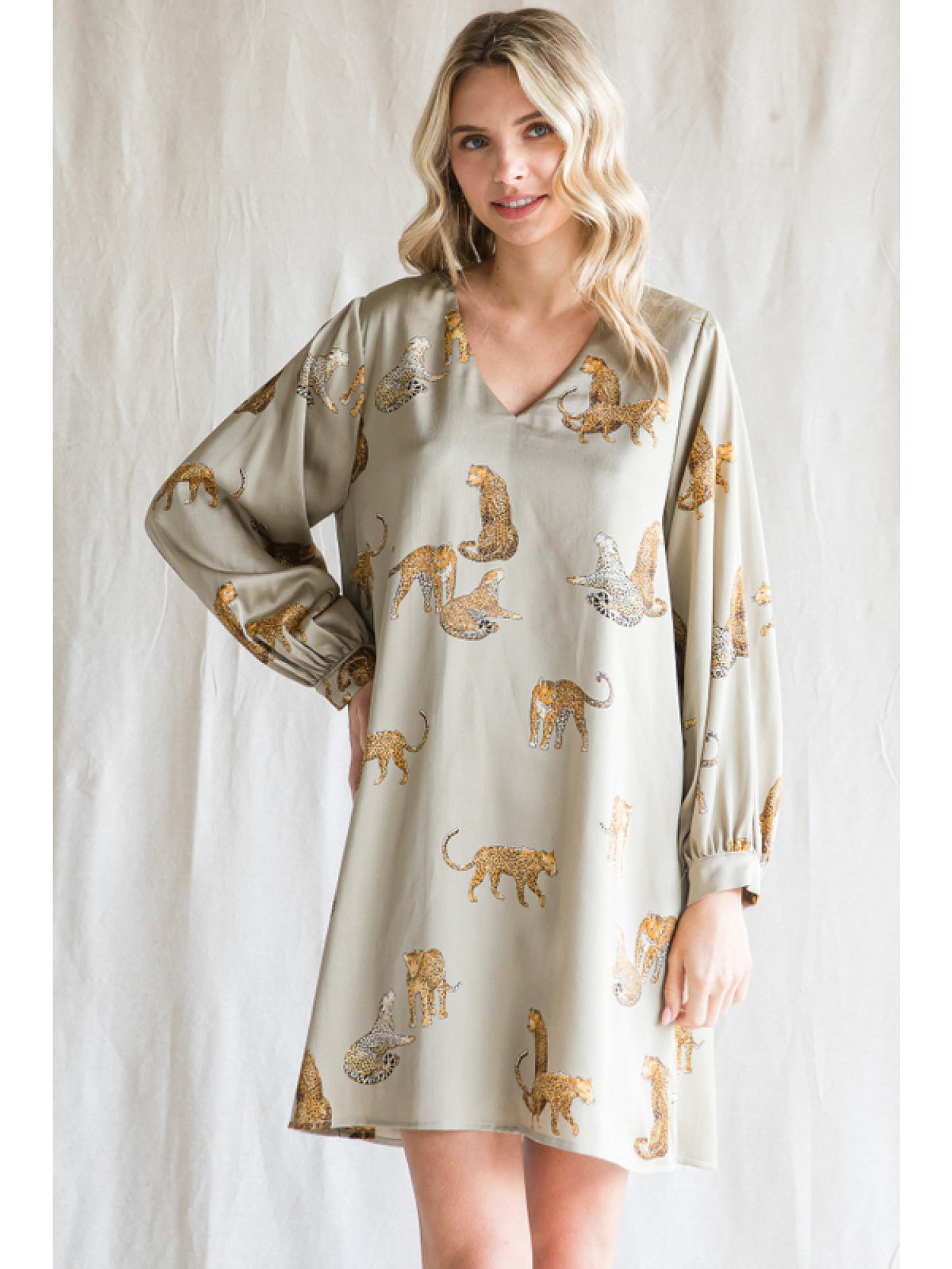 Sage Satin Tiger Print Dress