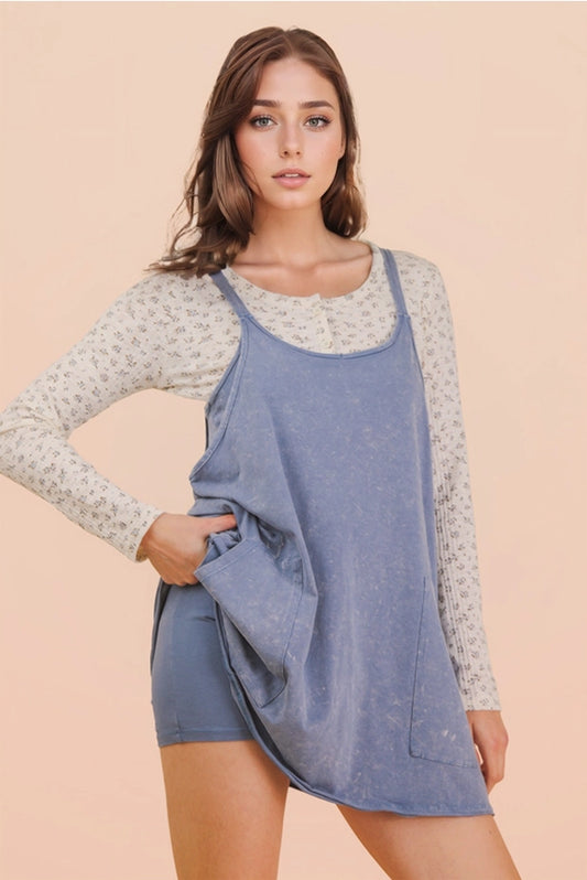 Mineral Washed Knit Mini Dress with Shorts (Denim)