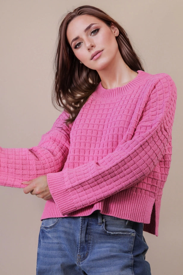 Oversized Textured Solid Casual Knit Sweater Top (Pink)