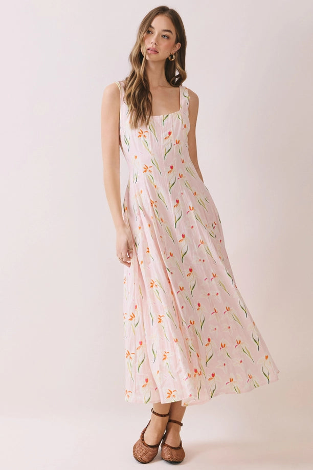 Floral Print Wide Straps Square Neck Midi Dress