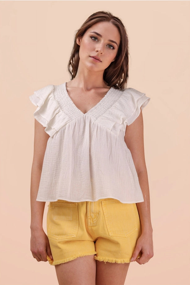 Smocking Detail Ruffle Sleeve Cotton Gauze Top