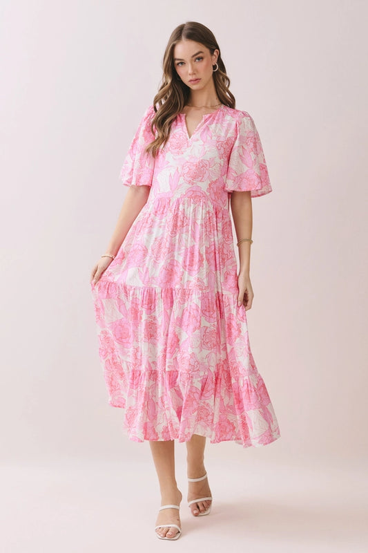 Pink Floral V Neck Tiered Baby Doll Midi Dress