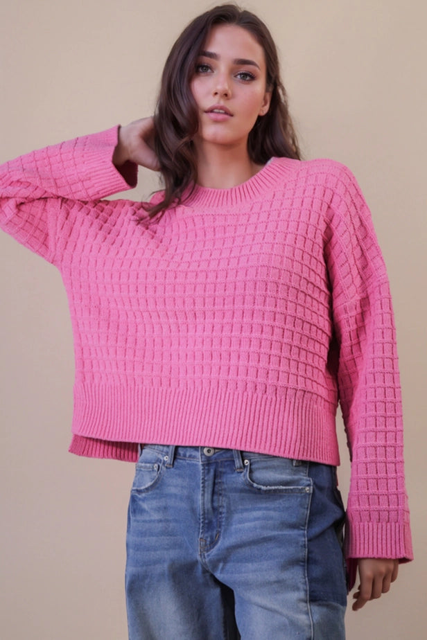Oversized Textured Solid Casual Knit Sweater Top (Pink)
