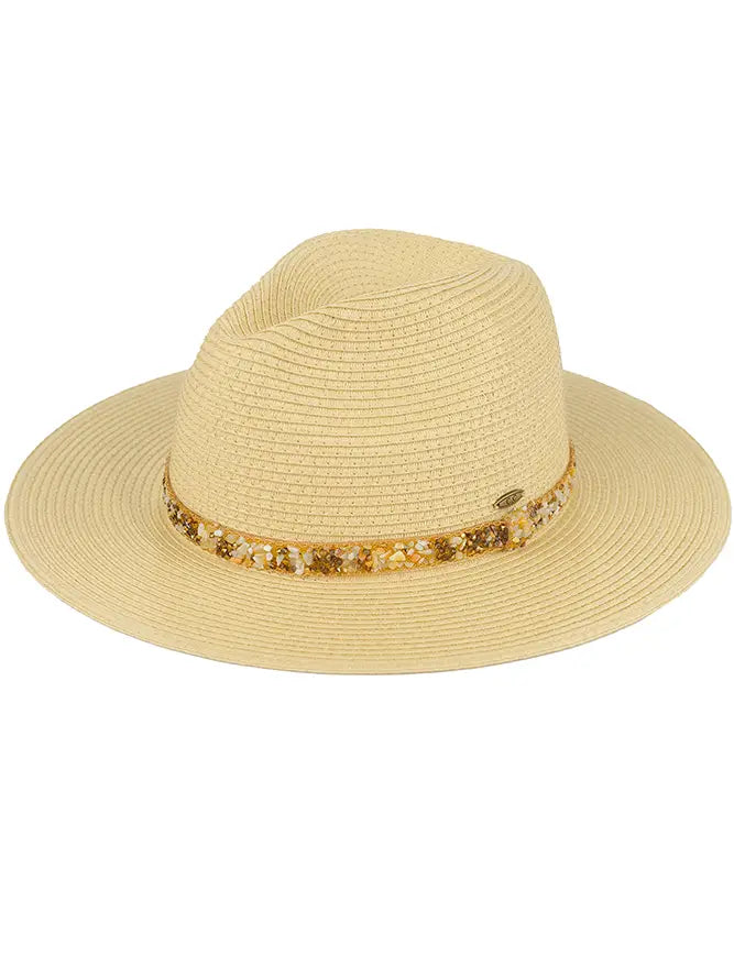 Gem Stone Trim Band Straw Panama