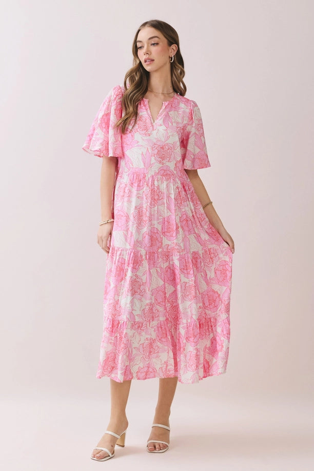 Pink Floral V Neck Tiered Baby Doll Midi Dress