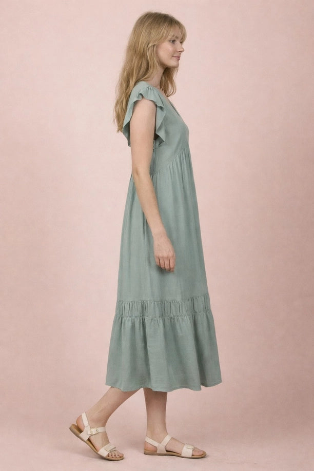 V-Neck Ruffle Sleeve Solid Woven Midi Dress