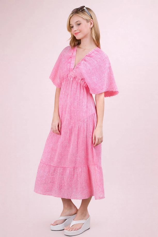 Mineral Washed Elastic Neck Detail Midi Dress