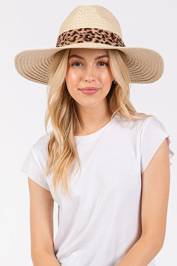 Leopard Trim Band Summer Straw Sun Hat
