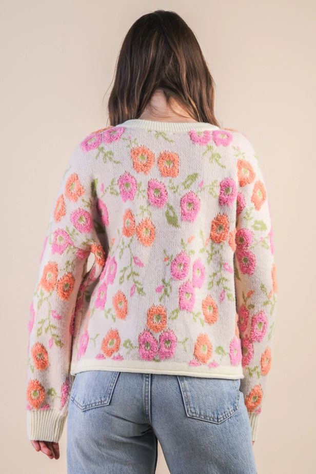 Oversized Floral Textured Printed Knit Sweater Top