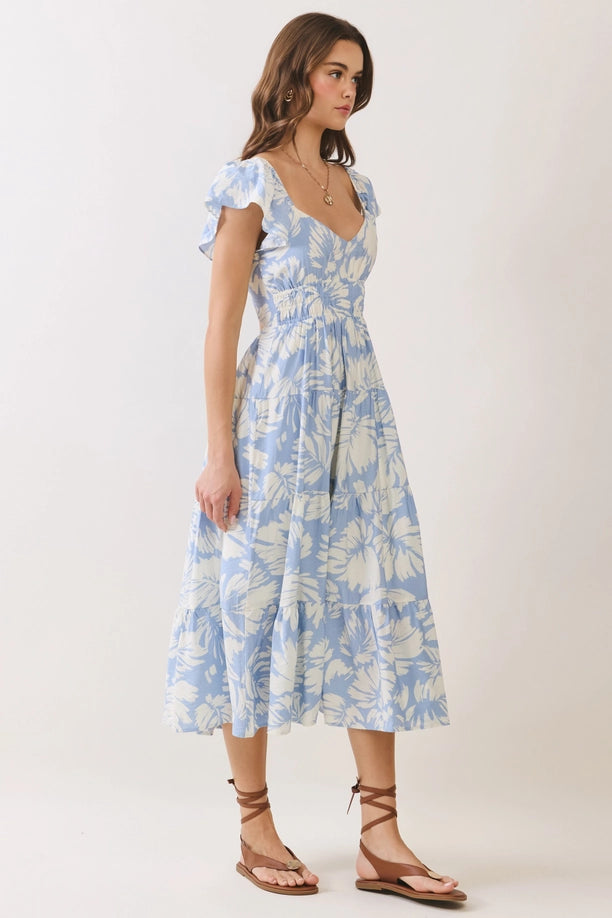 Floral Print Back Cutout Tiered Midi Dress