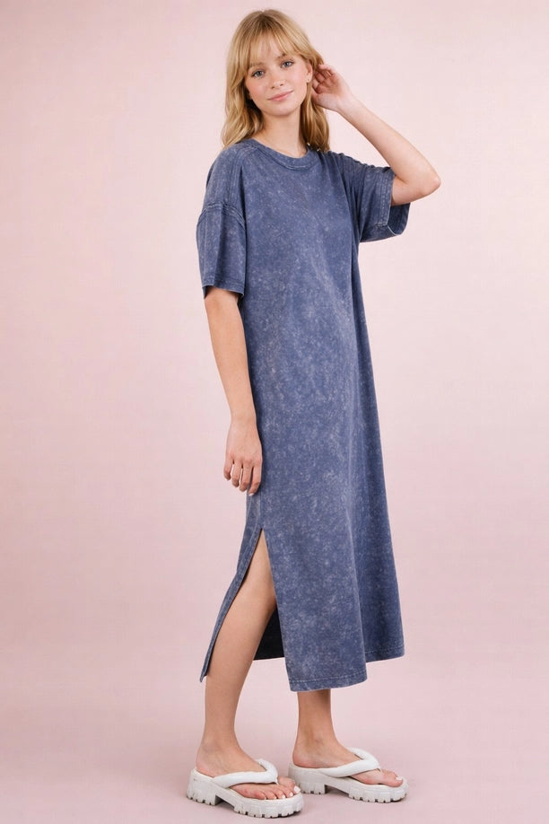 Mineral Washed Casual Comfy Midi Dress