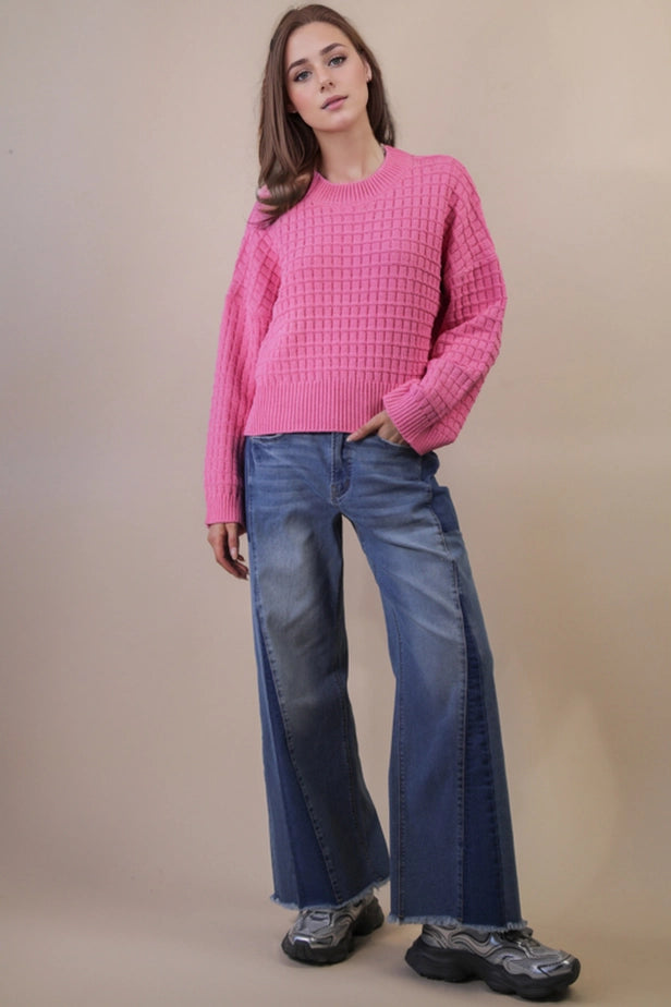 Oversized Textured Solid Casual Knit Sweater Top (Pink)