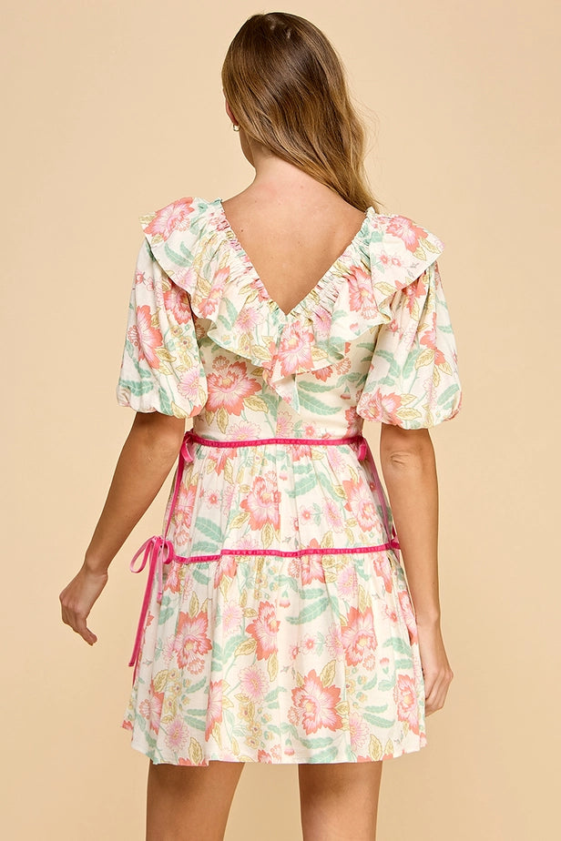 Floral Print V-Neck Ruffle Detail Dress