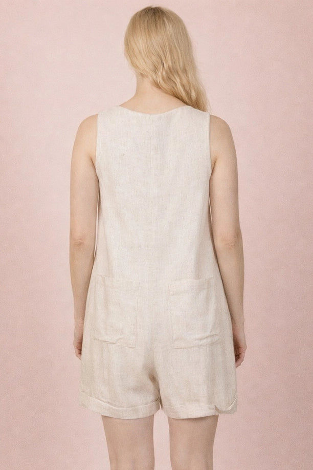 Sleeveless Button Down Linen Romper (Oatmeal)