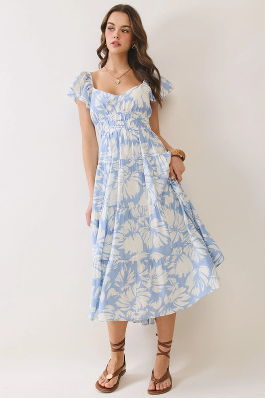 Floral Print Back Cutout Tiered Midi Dress