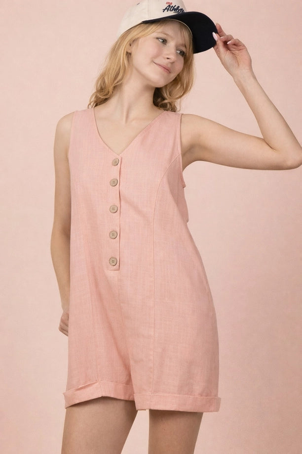 Sleeveless Button Down Linen Romper (Blush)