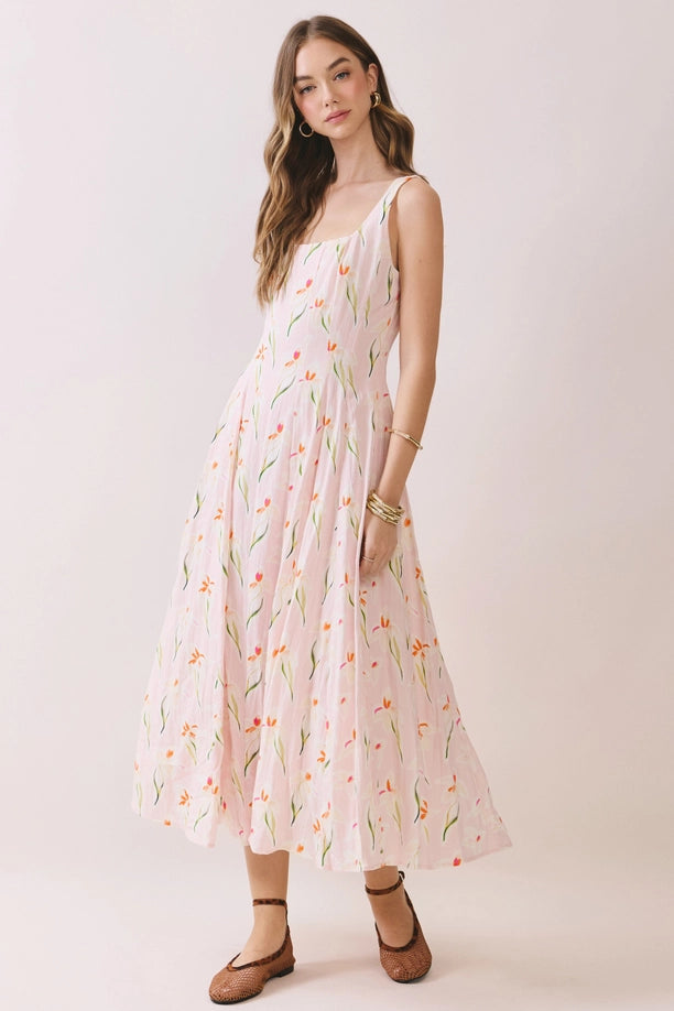 Floral Print Wide Straps Square Neck Midi Dress
