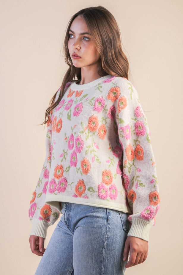 Oversized Floral Textured Printed Knit Sweater Top
