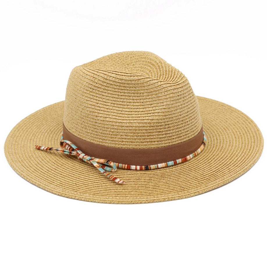 Woven Multicolor Trim Summer Straw Fedora Sun Hat