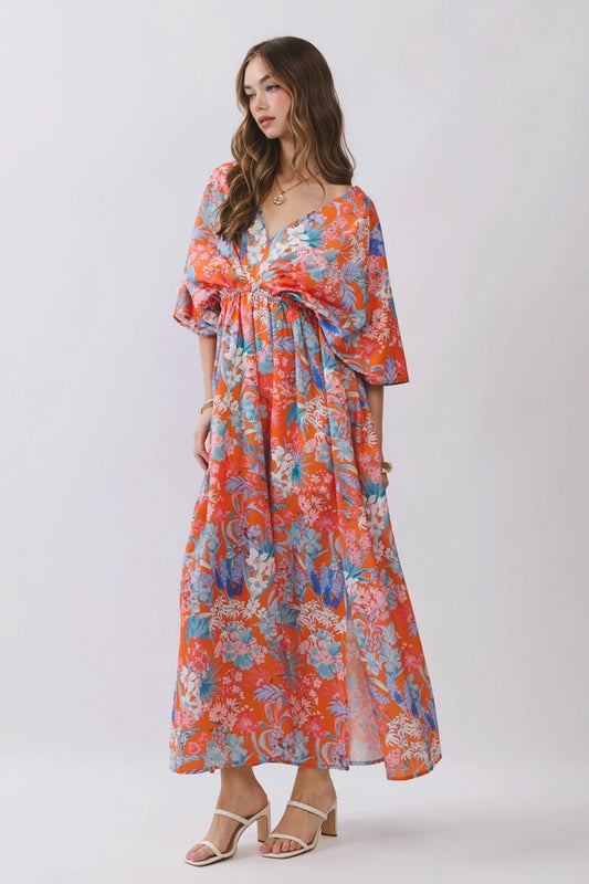 Floral V Neck Empire Waist Maxi Dress
