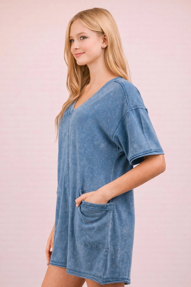 Mineral Washed Oversized Casual Knit Romper (Denim)