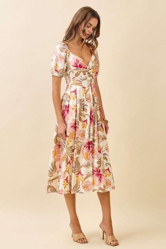Floral Print Twisted Sweetheart Neckline Dress