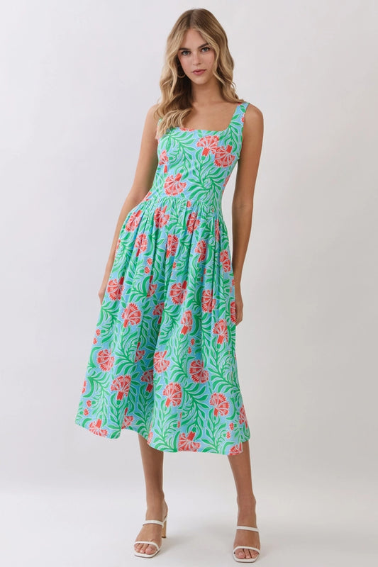Tropical Floral Print Smocked Back Midi Dress