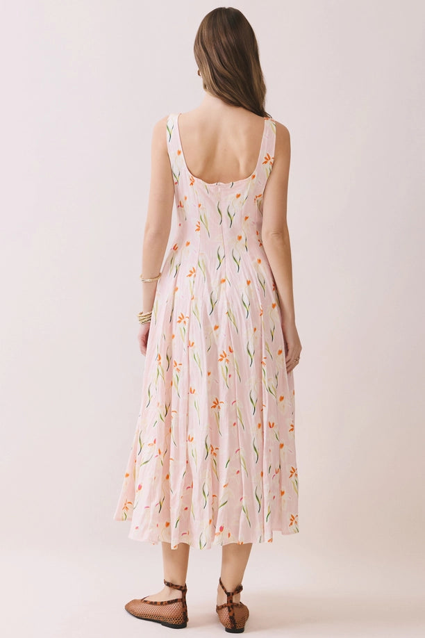 Floral Print Wide Straps Square Neck Midi Dress