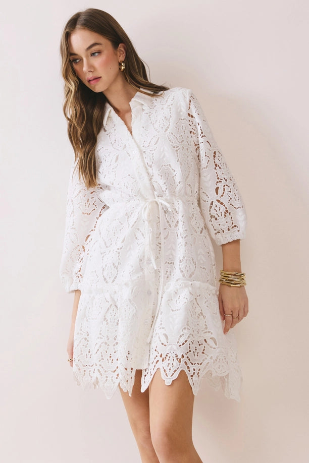Floral Lace Tie Waist Button Down Mini Dress