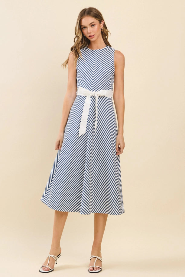 Chevron Pattern Striped Contrast Sash Midi Dress