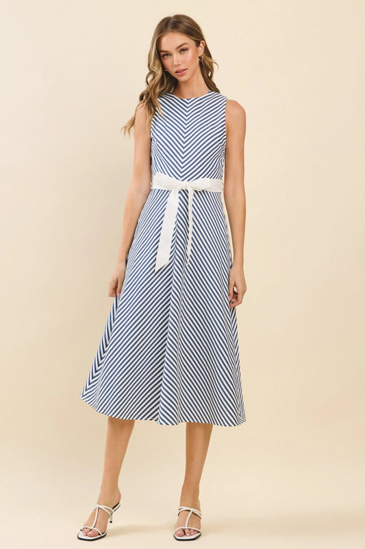 Chevron Pattern Striped Contrast Sash Midi Dress