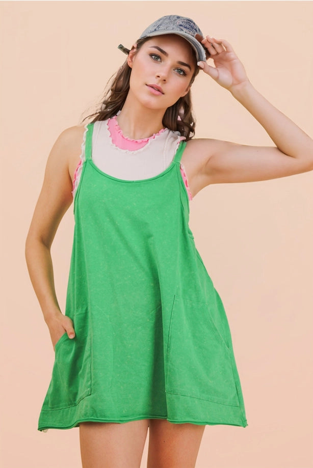 Mineral Washed Knit Mini Dress with Shorts ( Green )
