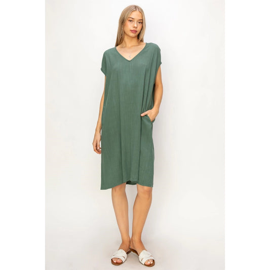 V Neck Linen Midi Dress