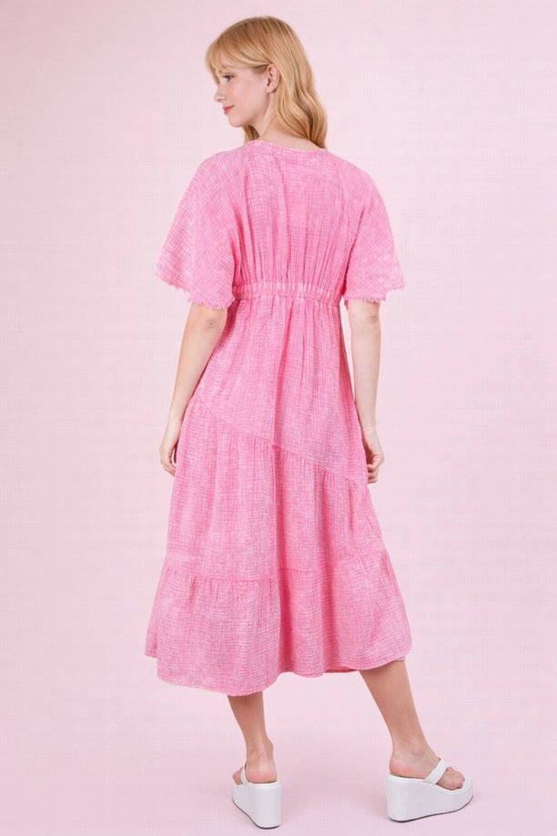 Mineral Washed Elastic Neck Detail Midi Dress