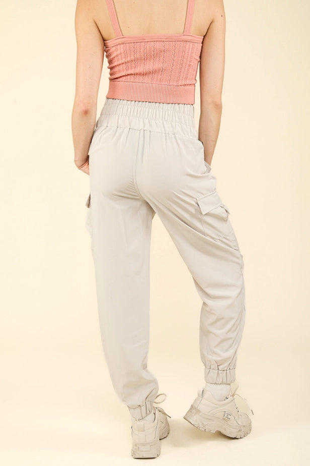 High Waisted Cargo Active Joggers w/ Pockets (Coconut Milk)