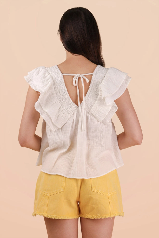 Smocking Detail Ruffle Sleeve Cotton Gauze Top