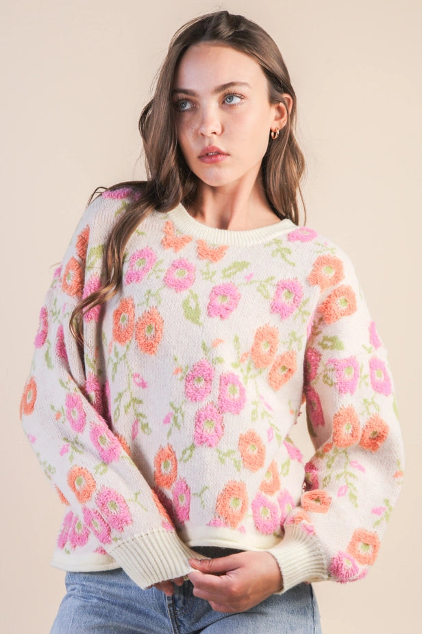 Oversized Floral Textured Printed Knit Sweater Top
