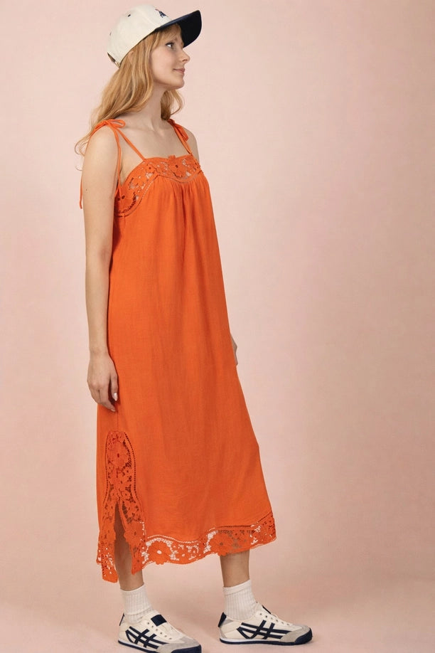 Lace Trim Solid Linen Midi Dress
