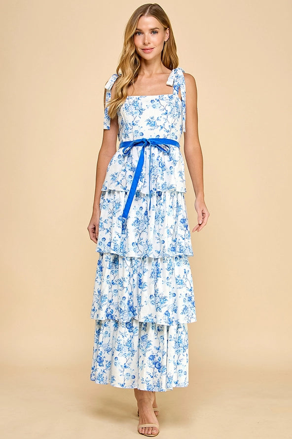 Blue Floral Print Tiered Adjustable Straps Midi Dress